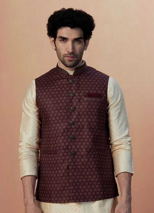 alt message - Manyavar Men Maroon Floral Print Jacket image number 0